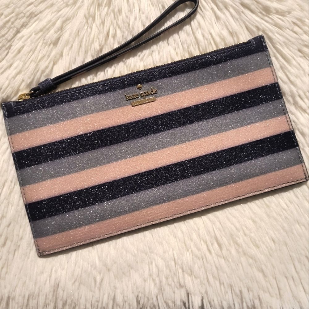 Kate Spade New York Glitter Navy Blue Blush and Gray Striped Wristlet